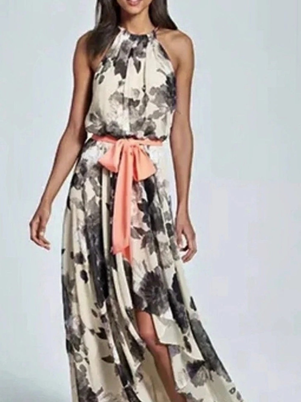 Eliza J Floral Chiffon Halter Maxi Dress with Sash Beige & Black Size 10